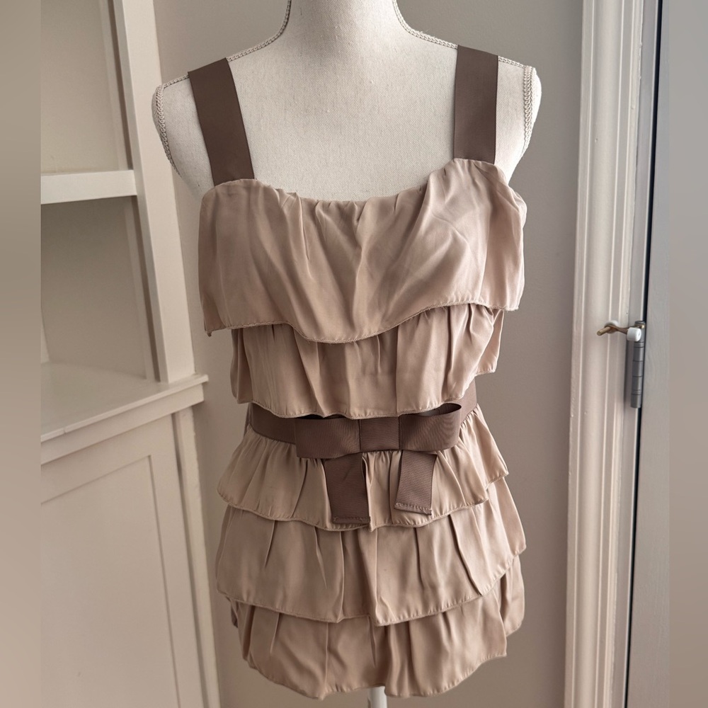 Anthropologie Bordeaux Tan Ruffled Tiered Sleeveless Tank Top